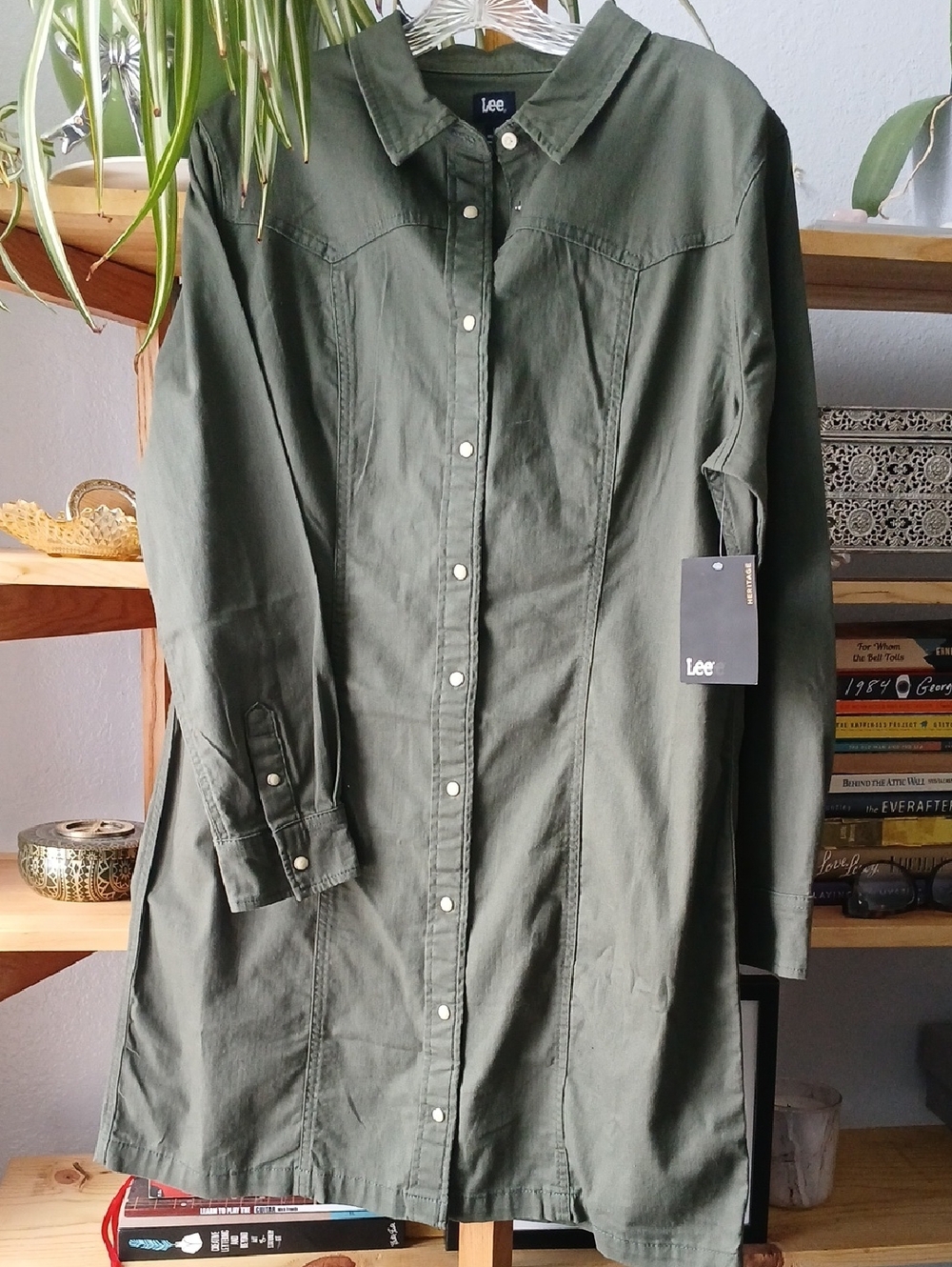 Lee Olive Green Button-Front Long Shirt